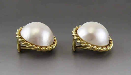 Gorgeous 18K Yellow Gold & Mabe Pearl Omega Back Statement Earrings