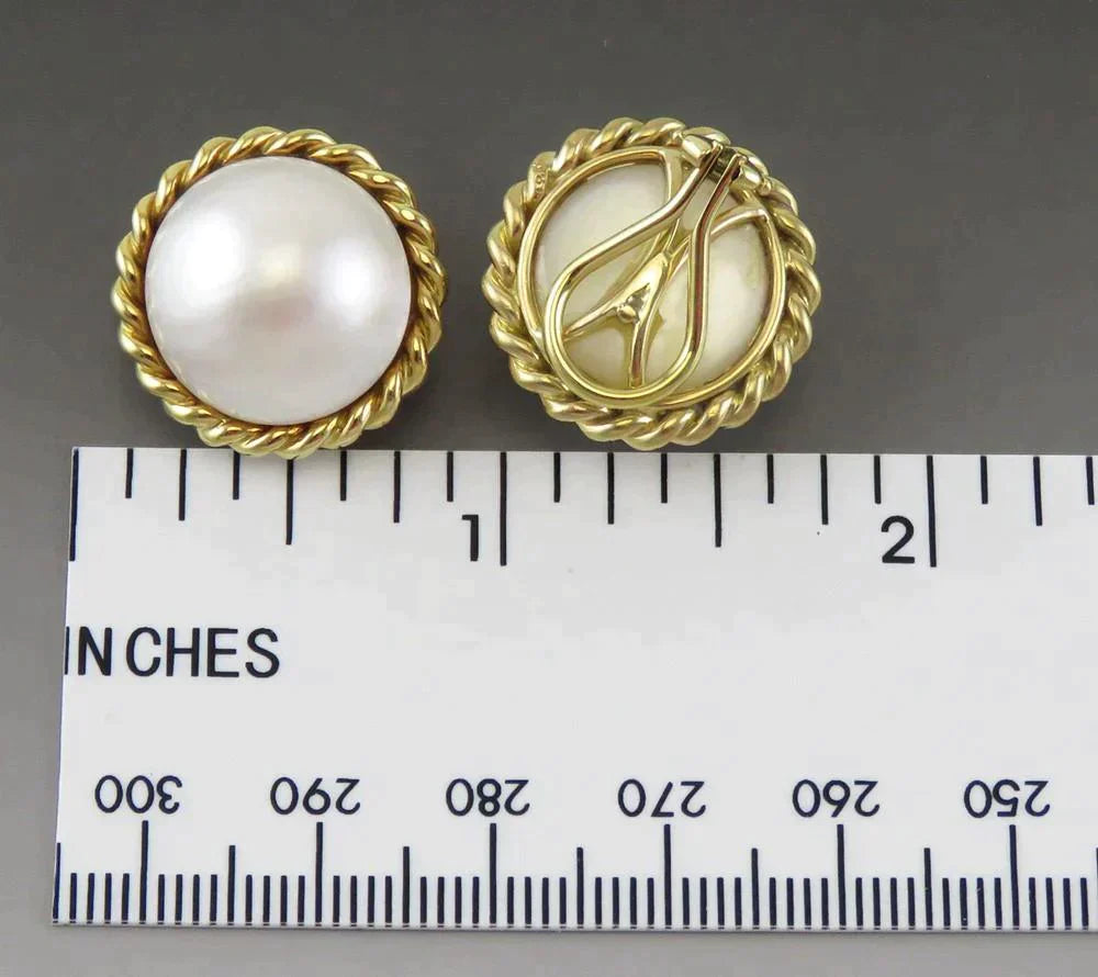 Gorgeous 18K Yellow Gold & Mabe Pearl Omega Back Statement Earrings