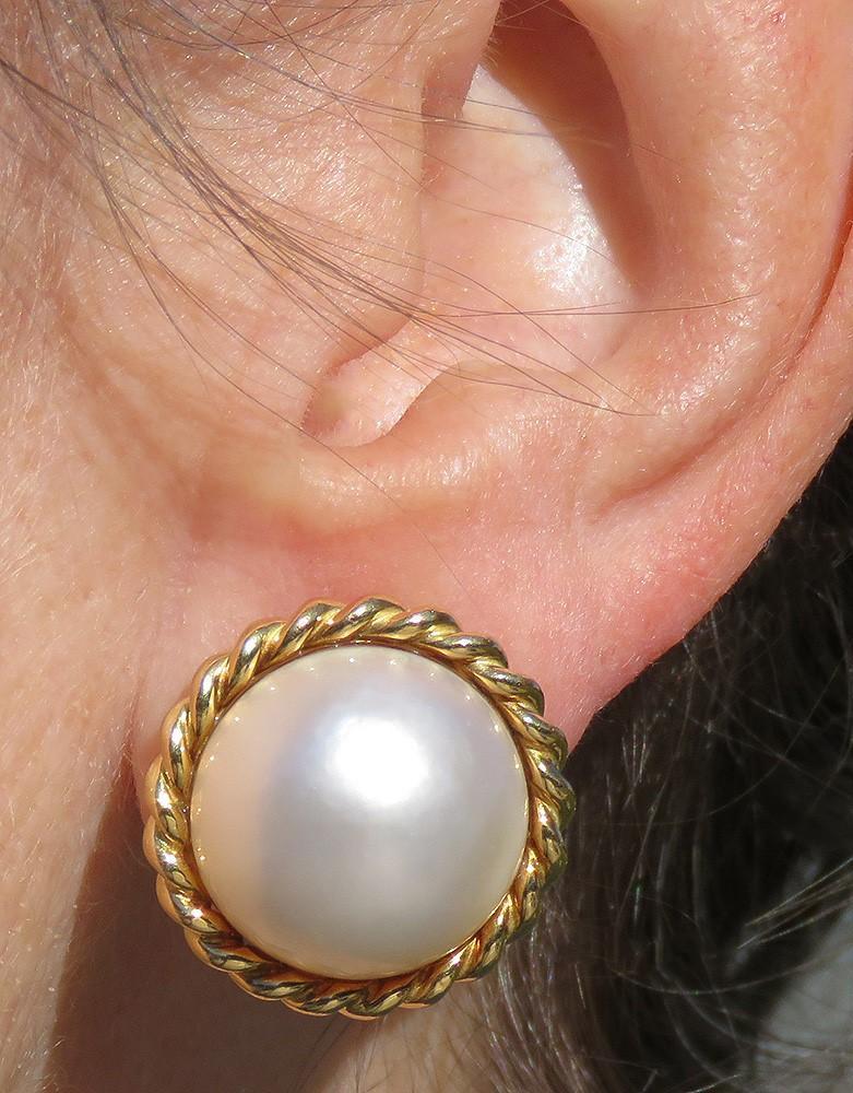 Gorgeous 18K Yellow Gold & Mabe Pearl Omega Back Statement Earrings