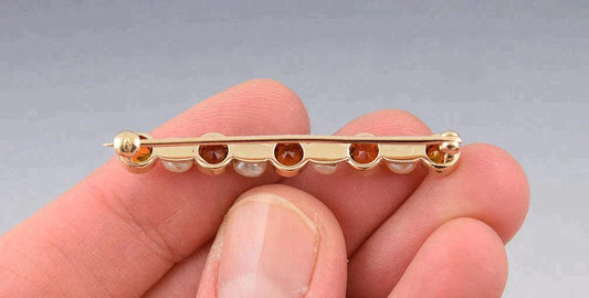 Dazzling Antique Victorian 14k Yellow Gold Bar Pin Orange Citrine White Pearls