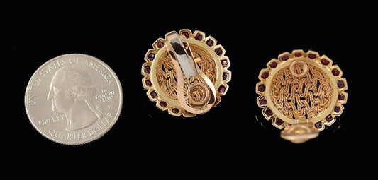 Great Vintage 18k Yellow Gold French Clip Earrings with Real Red Ruby Cabochons
