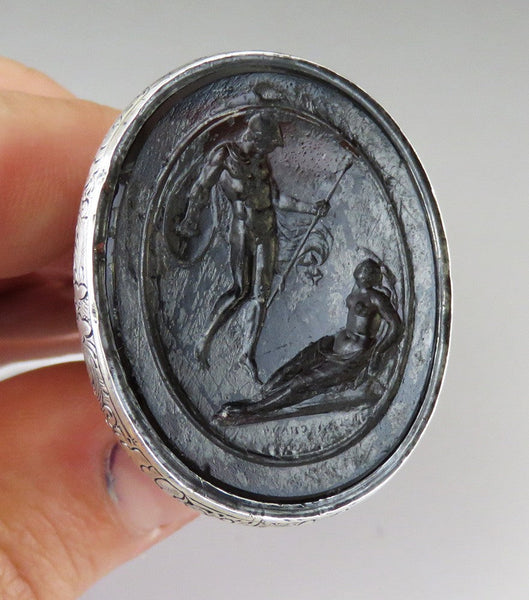 Antique Ares & Aphrodite Amber Glass Intaglio Seal w Chinese Silver Handle