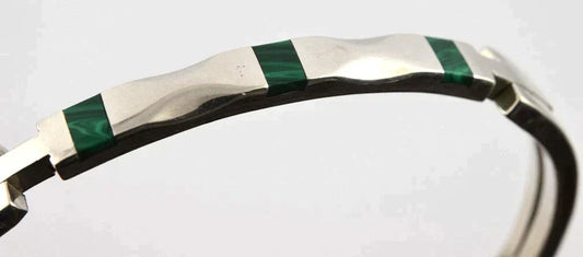 Gorgeous Vintage Sterling Silver and Malachite Stone Bangle Bracelet Mexico