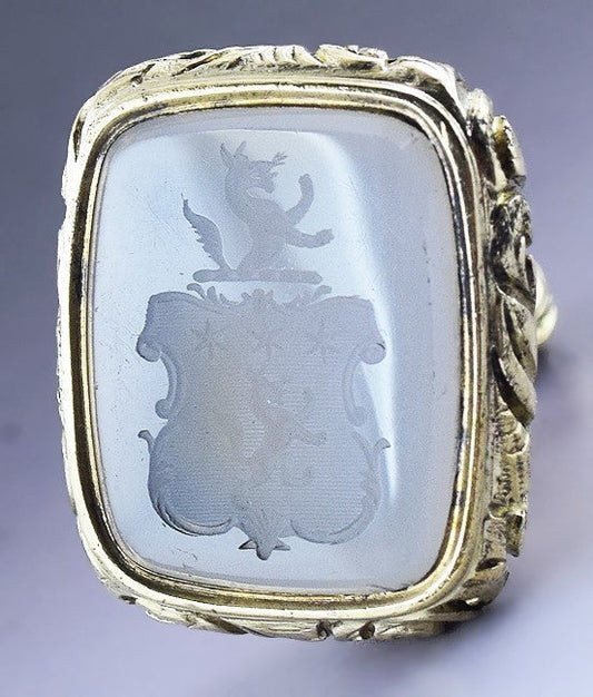 c1830s-1880s Superb Victorian Gold Filled Chalcedony Seal Fob Wilson Crest