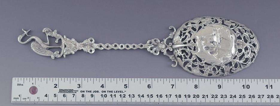 Antique 1909 Dutch Silver Art Nouveau Stork Newborn Baby Theme Serving Spoon
