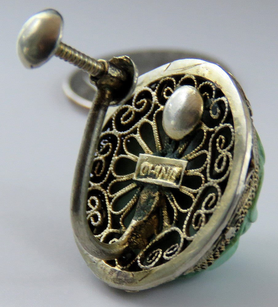 Lovely Pair c1920s Chinese Silver Filigree Hand Carved Turquoise Lotus Earrings