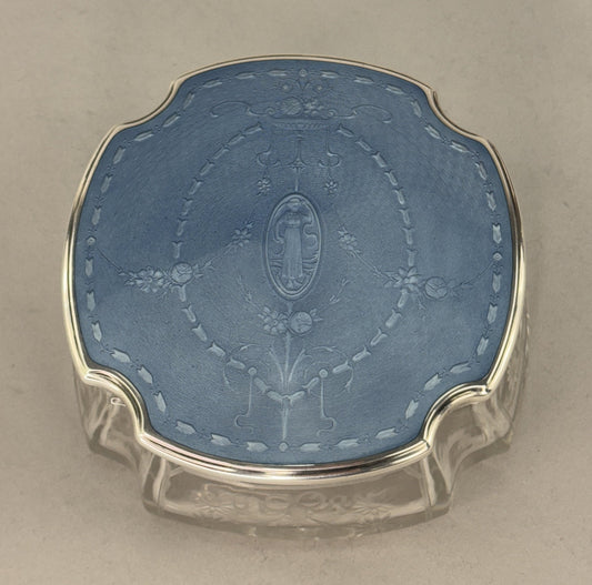 c1910s American Cut Glass Sterling Silver Blue Guilloche Enamel Dresser Jar