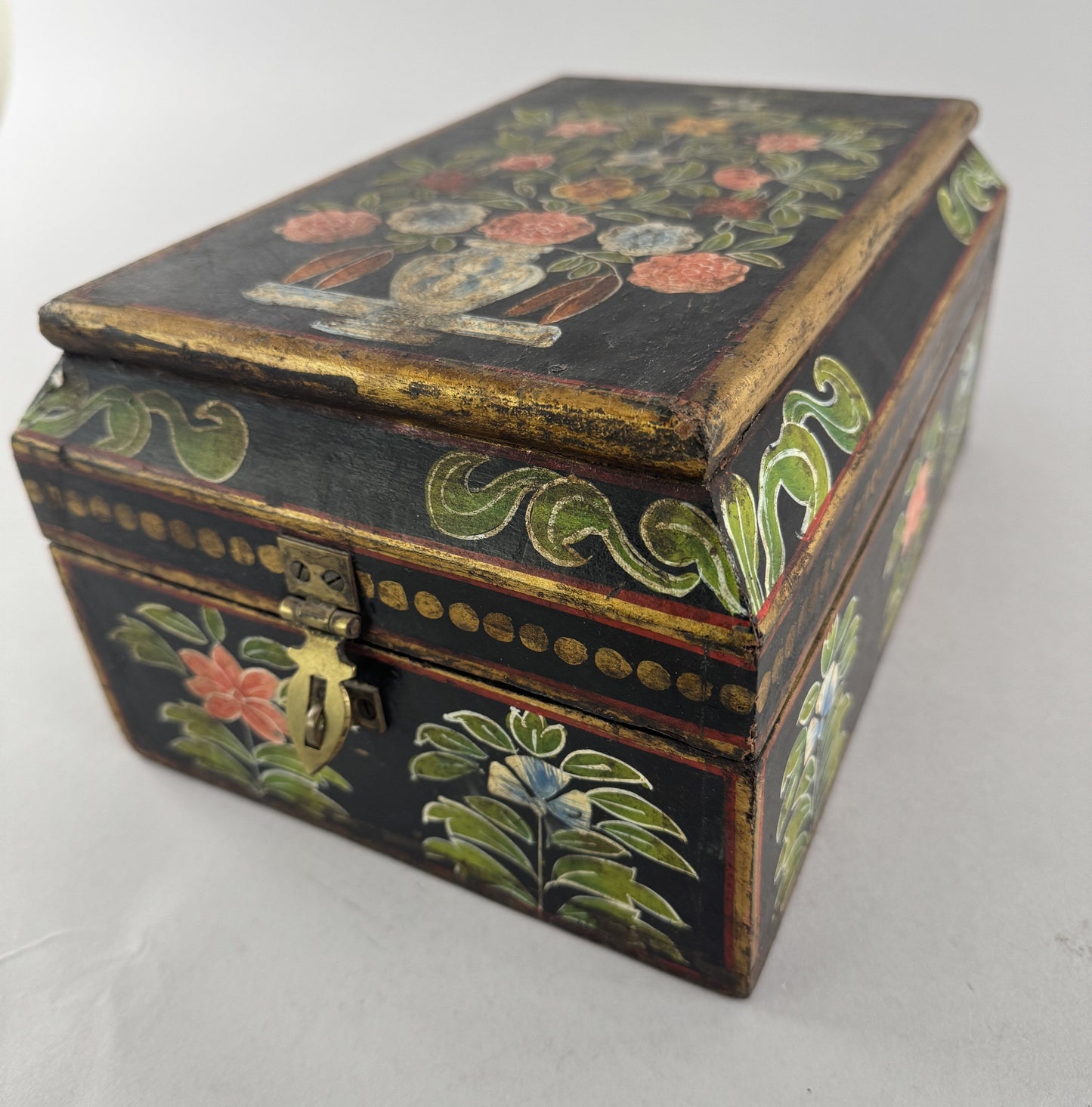VTG/Antique Hand Painted Indian? Asian Folk Art Floral Gilt Wooden Box