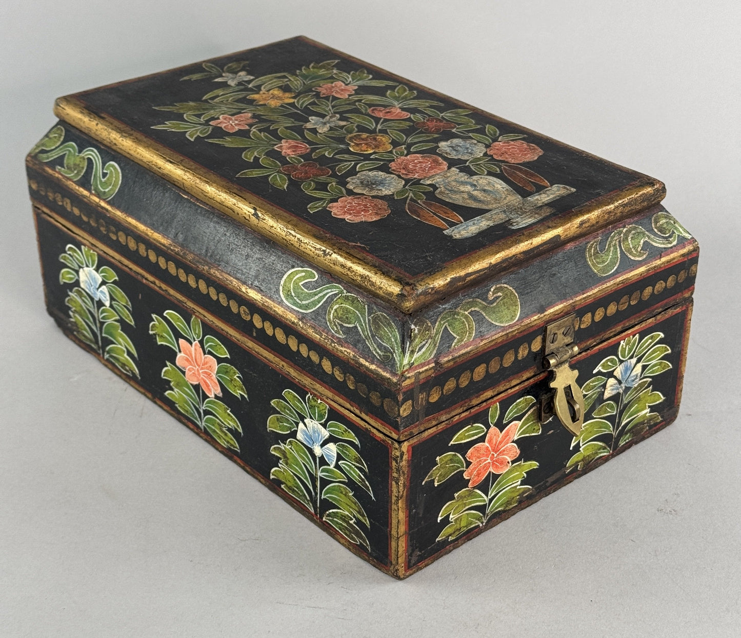 VTG/Antique Hand Painted Indian? Asian Folk Art Floral Gilt Wooden Box