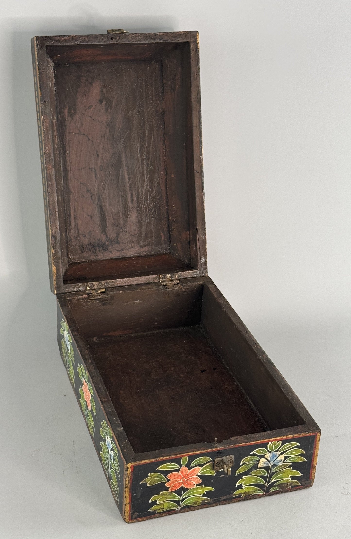VTG/Antique Hand Painted Indian? Asian Folk Art Floral Gilt Wooden Box