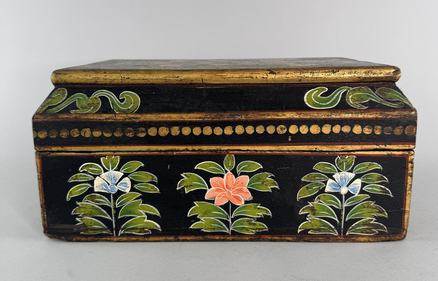 VTG/Antique Hand Painted Indian? Asian Folk Art Floral Gilt Wooden Box