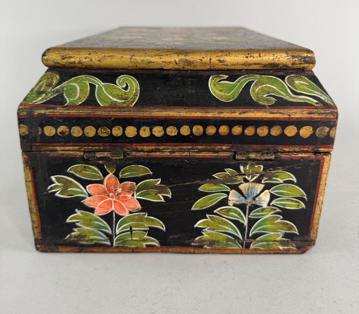VTG/Antique Hand Painted Indian? Asian Folk Art Floral Gilt Wooden Box