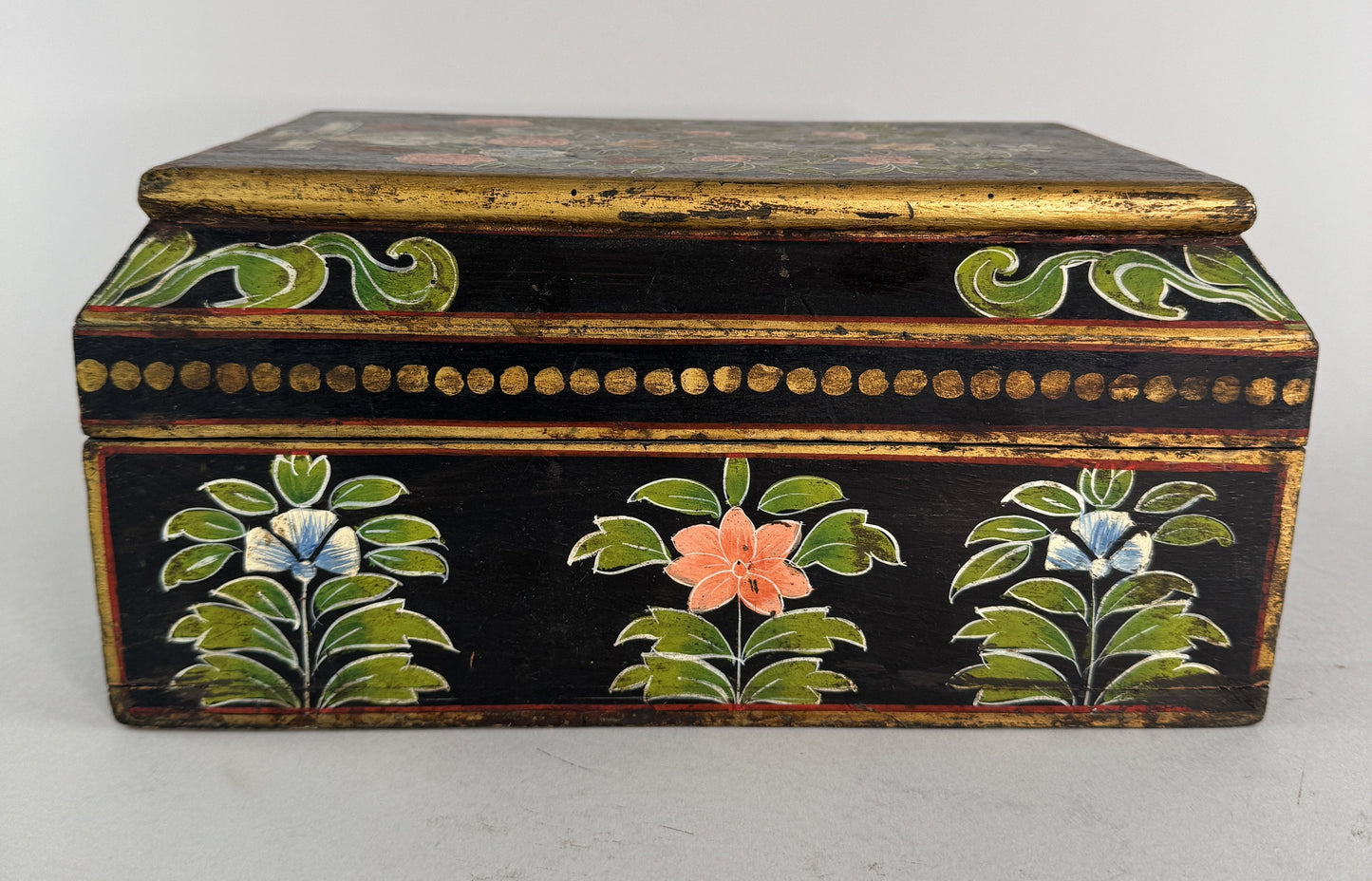 VTG/Antique Hand Painted Indian? Asian Folk Art Floral Gilt Wooden Box
