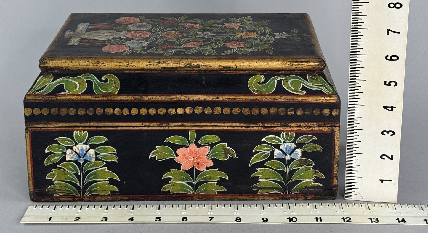 VTG/Antique Hand Painted Indian? Asian Folk Art Floral Gilt Wooden Box
