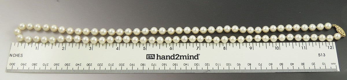 Vintage Individually Knotted 6.7mm Pearl Strand Beaded Necklace 14K Gold Clasp