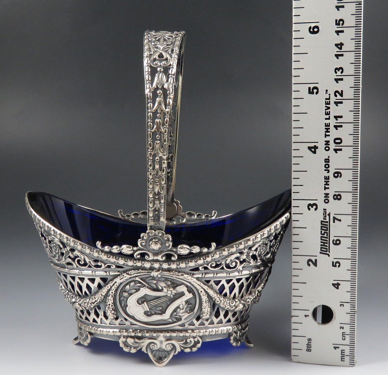 Antique 1890s-1910s Hanau Silver Sauce Basket with Cobalt Blue Glass Liner
