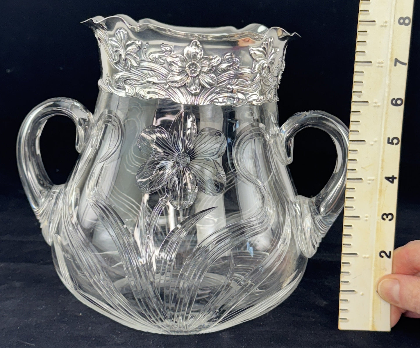 Art Nouveau Hawkes Gravic ABP Cut Glass Theodore Star Sterling Silver Vase