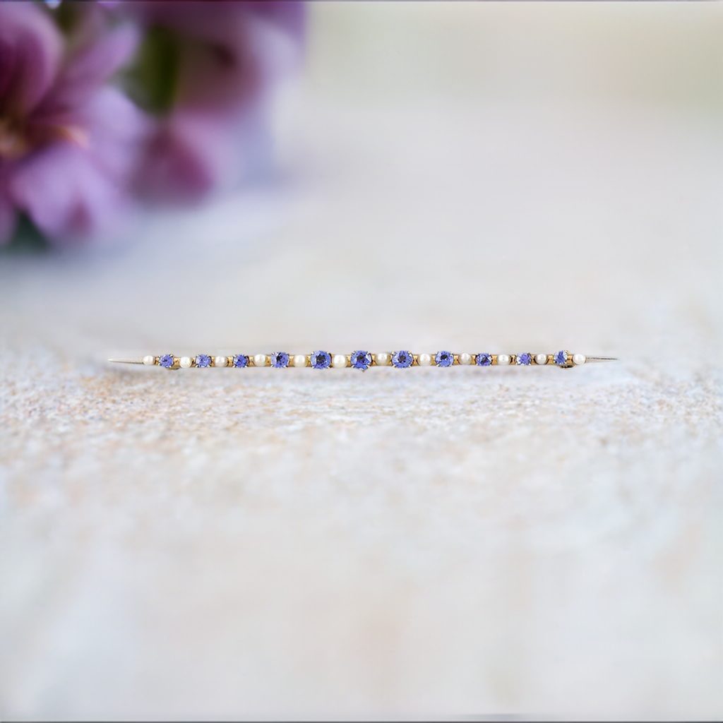 c1920s Stunning 14k Gold Sapphire Seed Pearl Bar Pin/Brooch