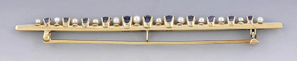 c1920s Stunning 14k Gold Sapphire Seed Pearl Bar Pin/Brooch