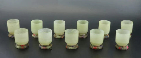 Set 11 Early 1900s Chinese Hand Carved Green Soapstone Cups Candle Holders