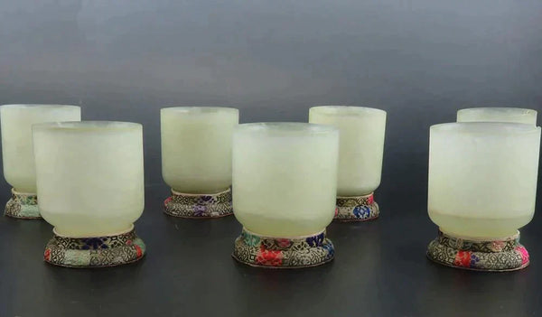 Set 11 Early 1900s Chinese Hand Carved Green Soapstone Cups Candle Holders