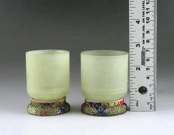 Set 11 Early 1900s Chinese Hand Carved Green Soapstone Cups Candle Holders