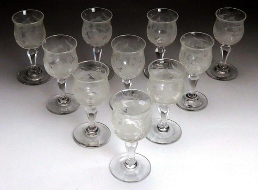 Antique c1870 10 American Cut Frosted Hand Blown Grape Cordial Glasses