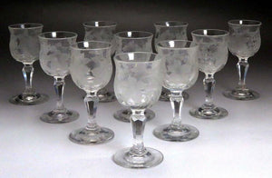 Antique c1870 10 American Cut Frosted Hand Blown Grape Cordial Glasses