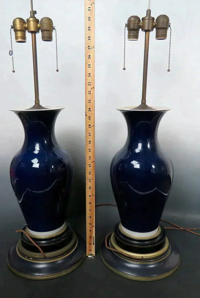 Pair Antique c1850 Paris Porcelain Painted Vases Custom Bases Converted Lamps