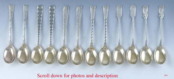 12 Antique c1875 Aesthetic Movement Gorham Sterling Silver Demitasse Spoons