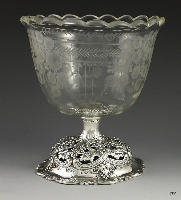 Antique c1900 German Silver Cut Frosted Glass Vase Pedestal Dish