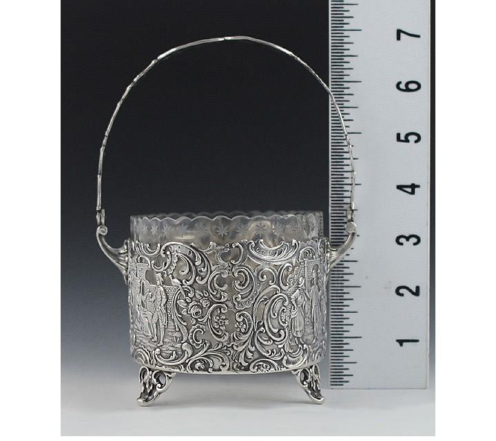 Antique 19th Century Art Nouveau German Openwork Silver Glass Liner Basket Dish