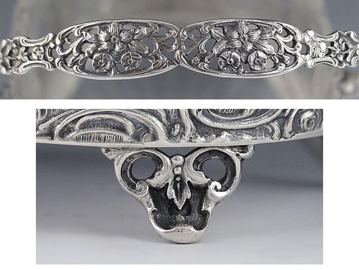 Antique 19th Century Art Nouveau German Openwork Silver Glass Liner Basket Dish