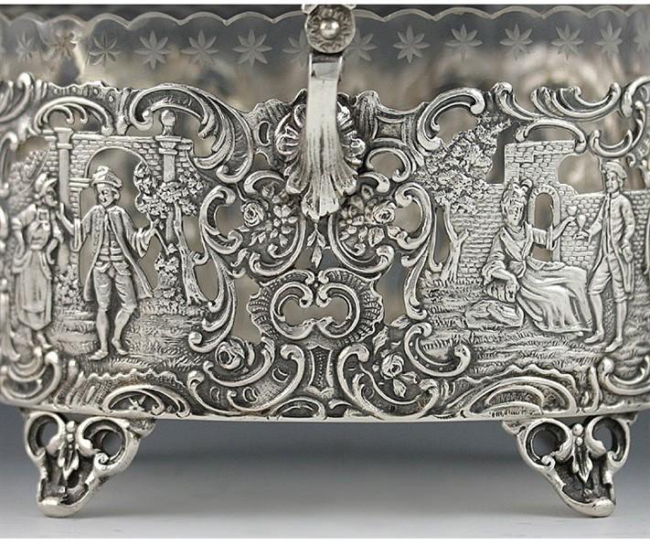 Antique 19th Century Art Nouveau German Openwork Silver Glass Liner Basket Dish