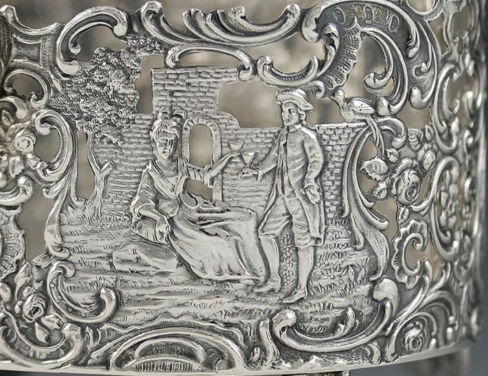Antique 19th Century Art Nouveau German Openwork Silver Glass Liner Basket Dish
