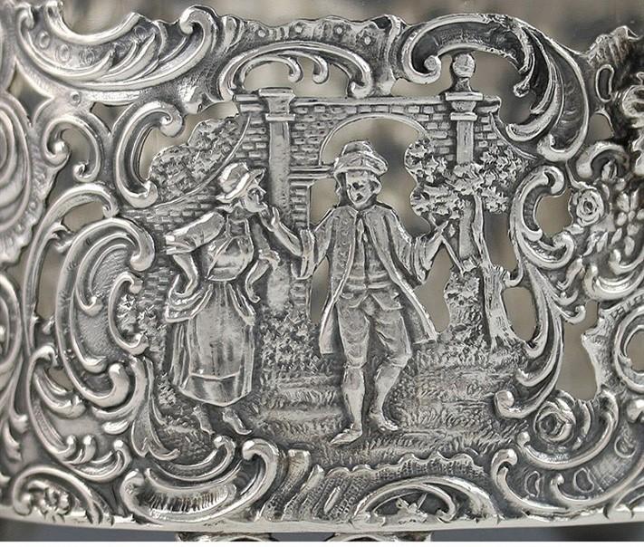 Antique 19th Century Art Nouveau German Openwork Silver Glass Liner Basket Dish