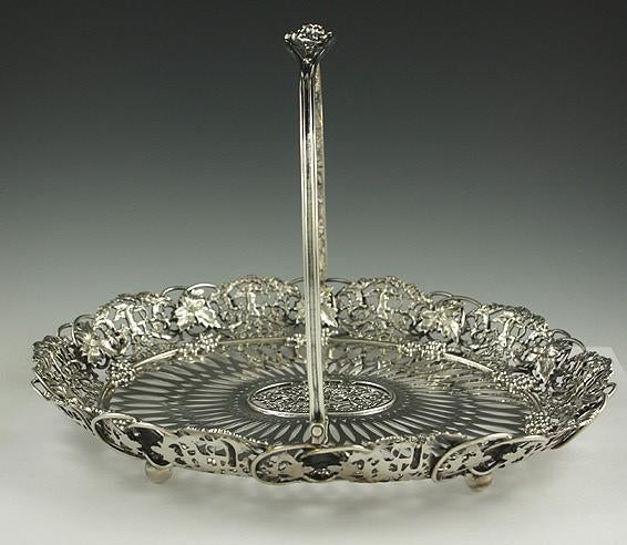 Antique Art Nouveau Sterling Silver Grape Motif Cupid Swing Handle Basket