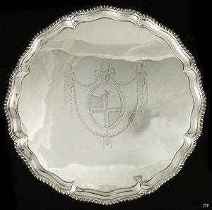 Antique 1773 English Sterling Silver Large Engraved Crest Salver Tray 12.75"