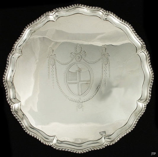 Antique 1773 English Sterling Silver Large Engraved Crest Salver Tray 12.75"
