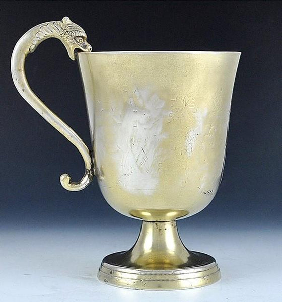 Antique 18th Century European Gold Wash Silver Dragon Head Engraved Cup Mug