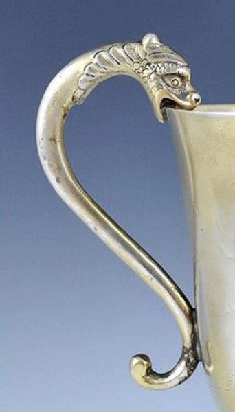 Antique 18th Century European Gold Wash Silver Dragon Head Engraved Cup Mug
