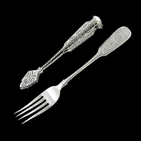 1886 Antique Russian 875 Silver Engraved Fork Sugar Tongs Serving Pieces