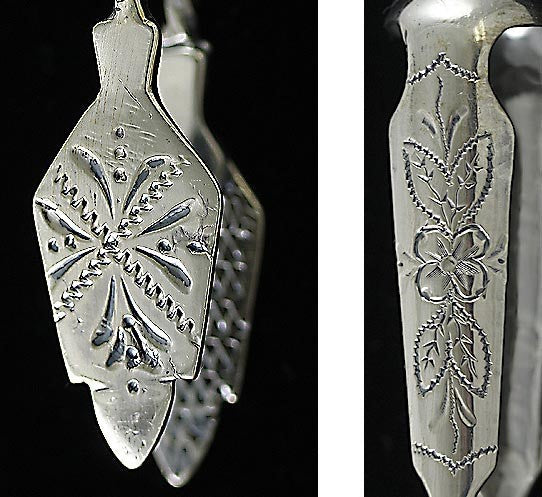 1886 Antique Russian 875 Silver Engraved Fork Sugar Tongs Serving Pieces