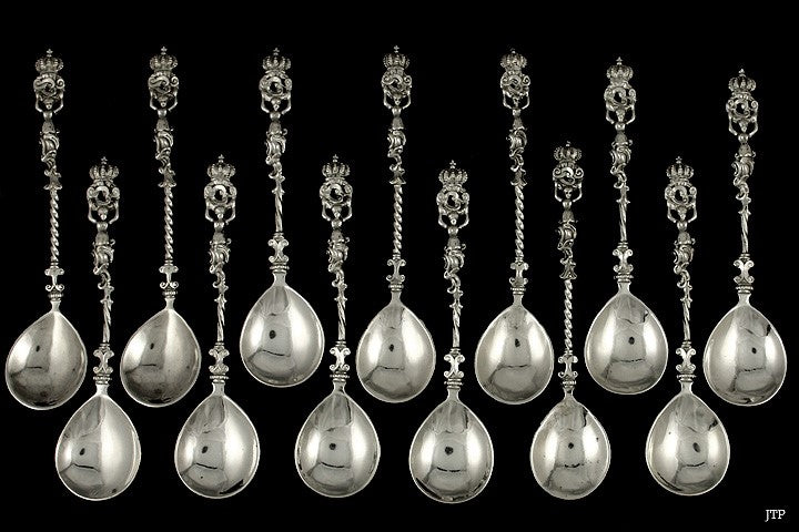 13 Antique c1900 German 800 Silver Wolf Knell Coffee Tea Spoons 5 3/4"