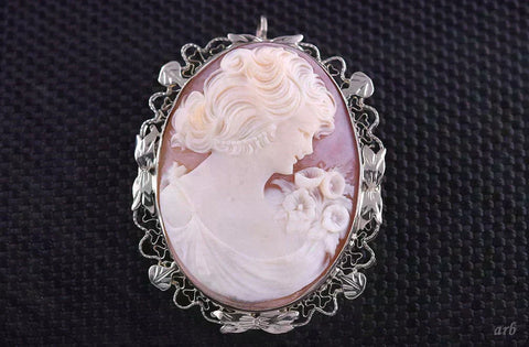 Fine Vintage 14k White Gold and Carved Shell Cameo Pin/Pendant of Woman