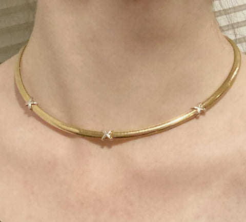 Attractive Italian 14K Two-Tone Yellow w/ White Gold X Design Choker Necklace