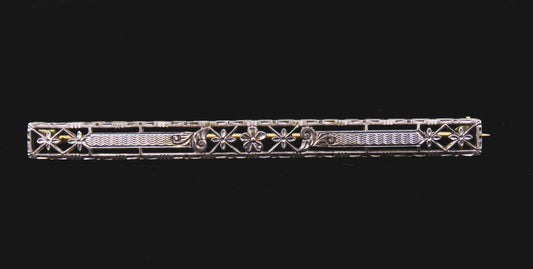 Stylish Antique Krementz 14k Gold and Platinum Bar Pin Brooch Filigree Floral