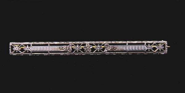 Stylish Antique Krementz 14k Gold and Platinum Bar Pin Brooch Filigree Floral