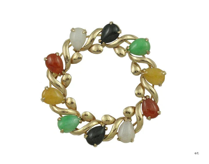 Attractive 14k Gold Multi-Color Jade Wreath Pin Brooch