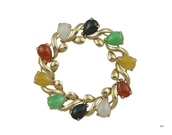 Attractive 14k Gold Multi-Color Jade Wreath Pin Brooch